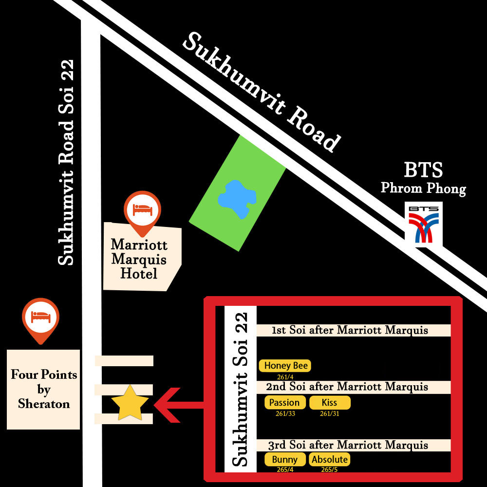 Map showing the location of Kiss Bangkok Massage on Sukhumvit Soi 22